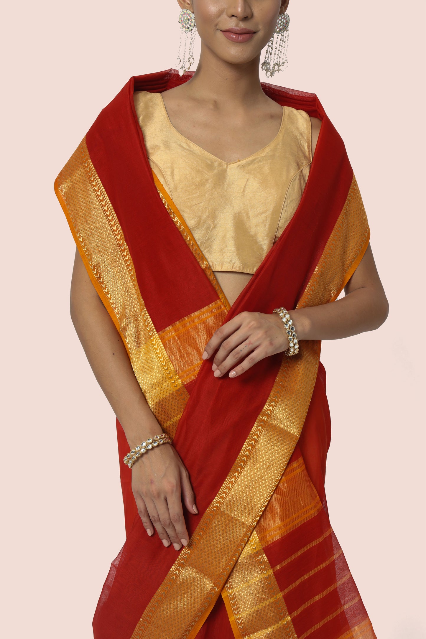 Rust Red Maheshwari Silk cotton with Mustard jari border