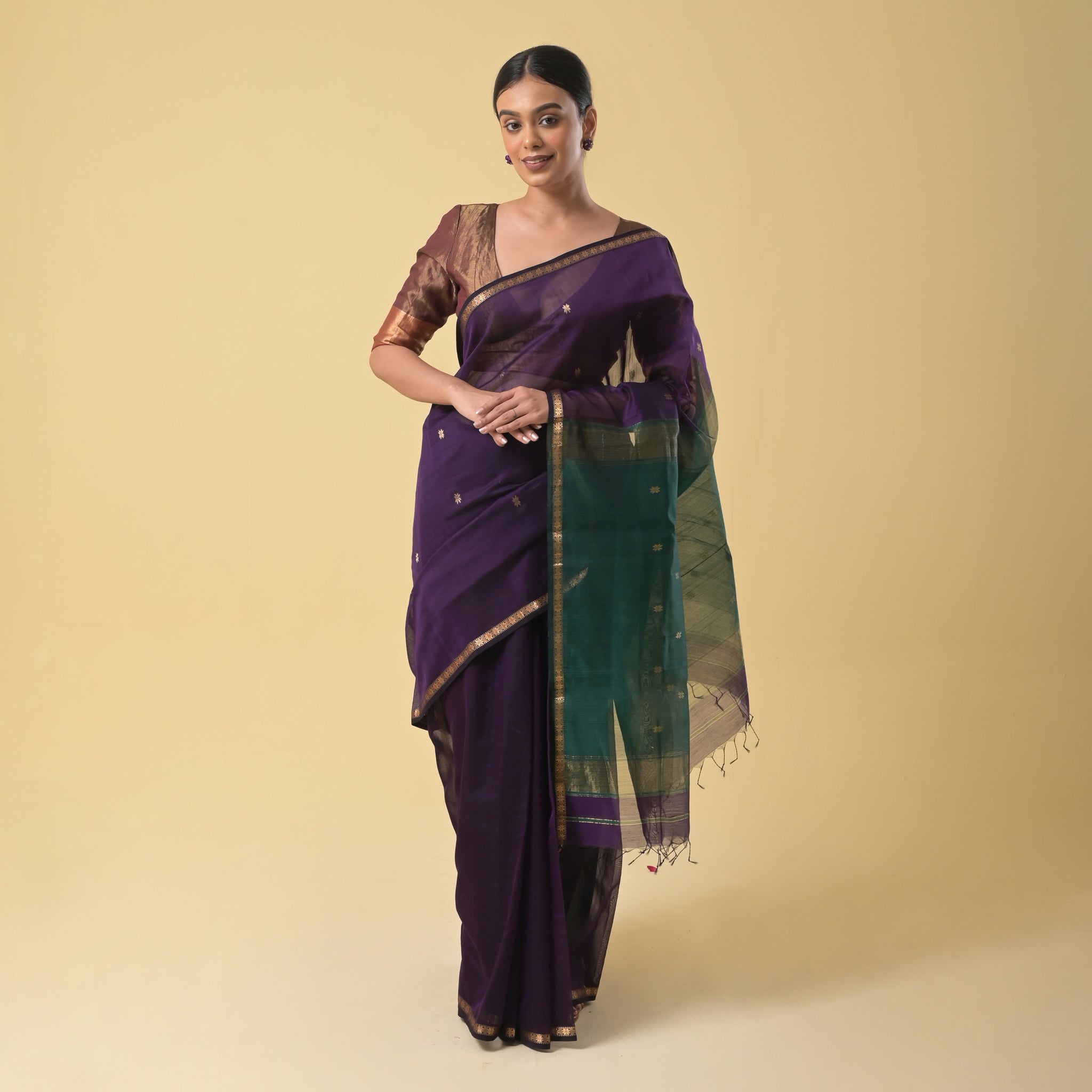 Purple Maheshwari Handwoven Silk Cotton Jari Booti Pallu