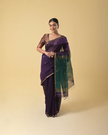 Purple Maheshwari Handwoven Silk Cotton Jari Booti Pallu