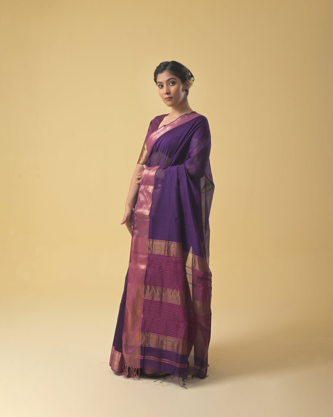 Voilet Maheshwari Handwoven silk & Cotton Saree