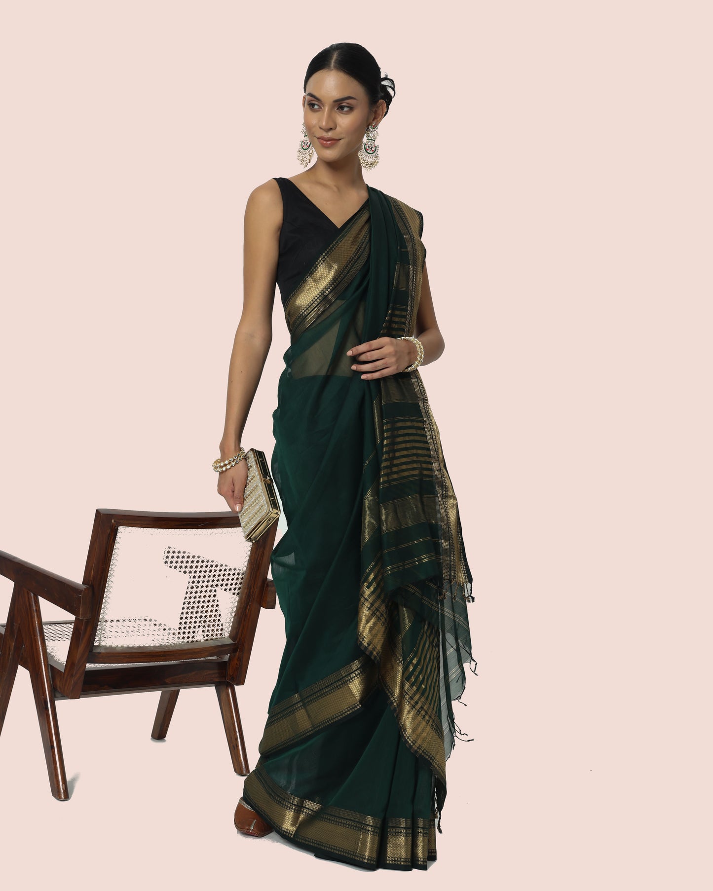 Dark Green Maheshwari Handloom Silk cotton with jari