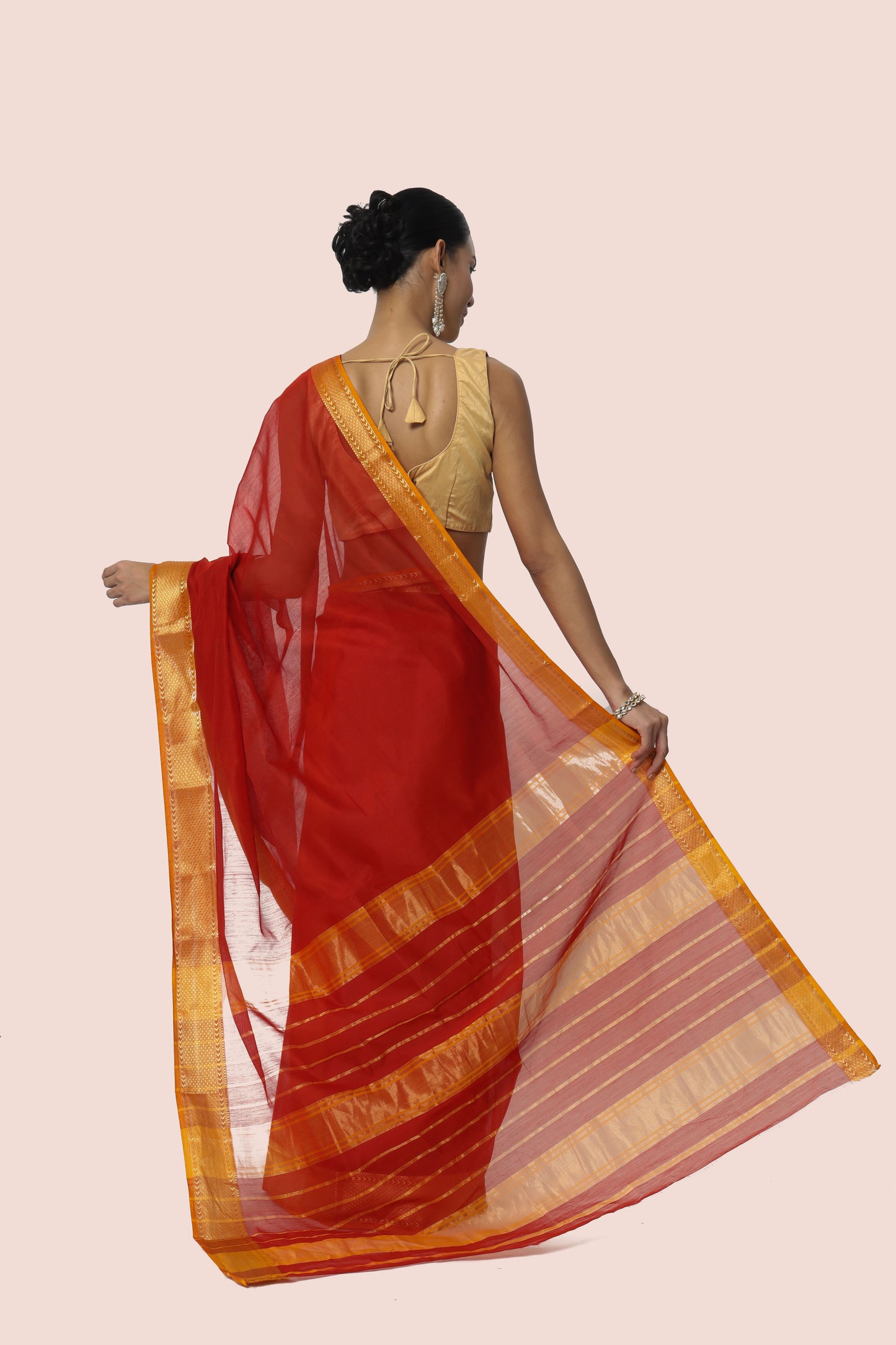 Rust Red Maheshwari Silk cotton with Mustard jari border