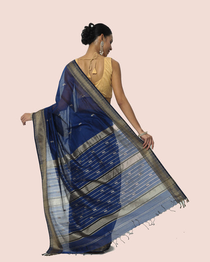 Navy Blue Maheshwari Handwoven silk cotton with silk border