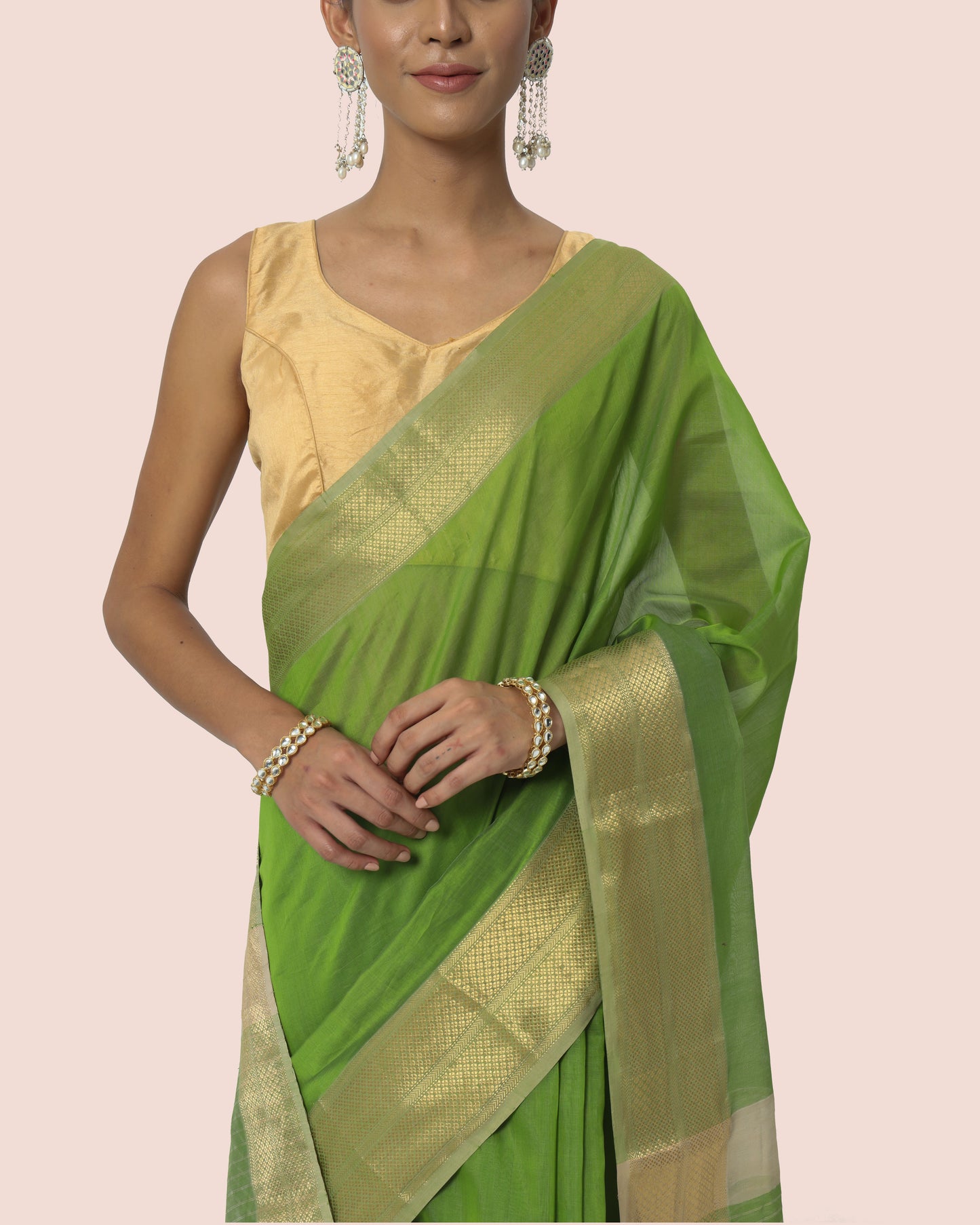 Mint Green Maheshwari Handwoven with Gold Jari Border