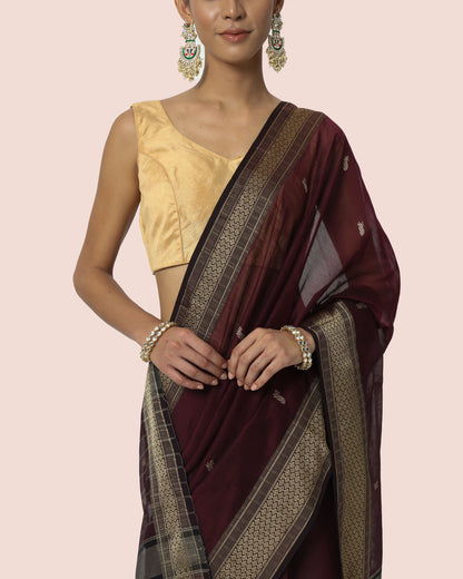 Rosewood Wine With Silk Border Butti Pallu Maheshwari Saree