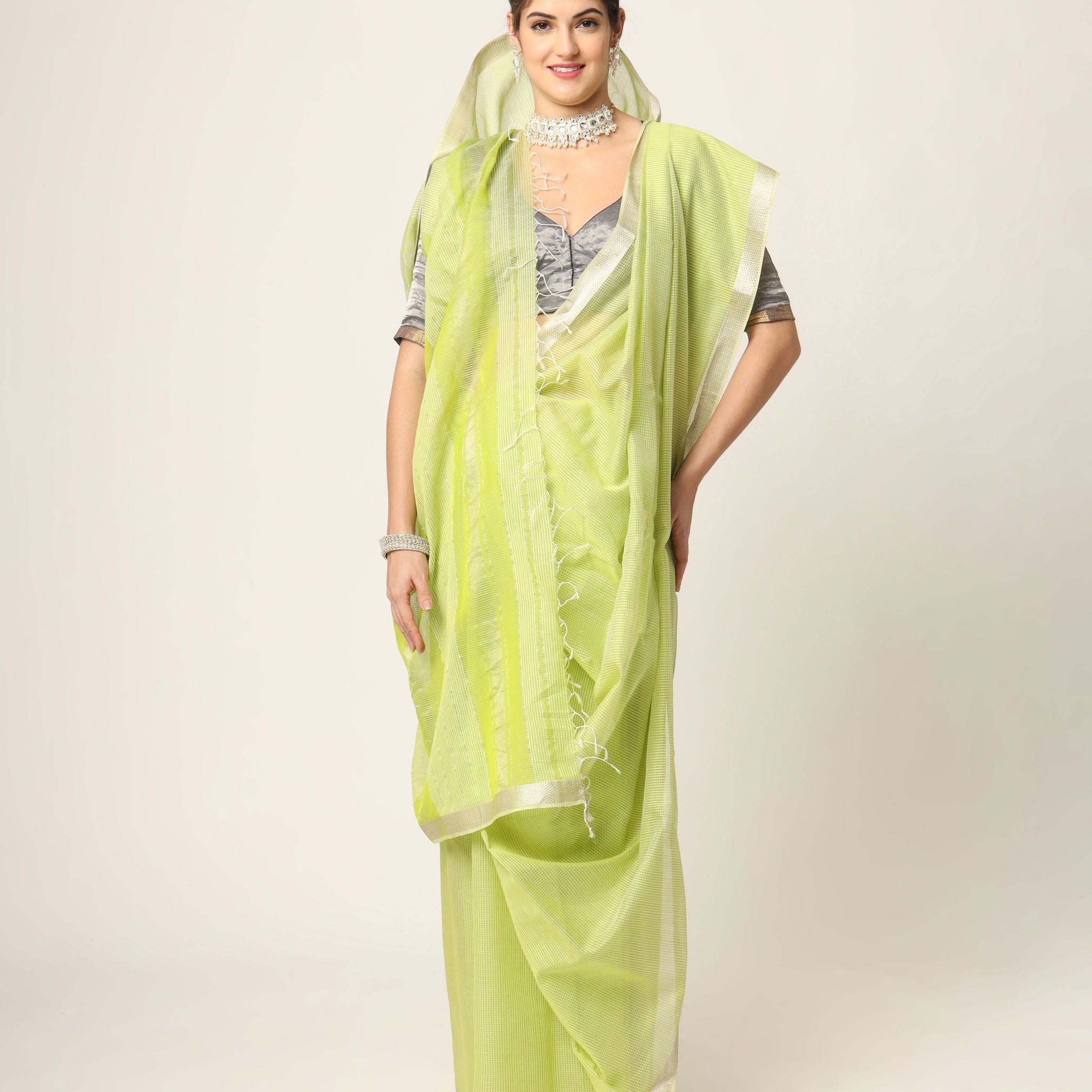 Lime Yellow Maheshwari Handloom Silk cotton Silver Jari Border