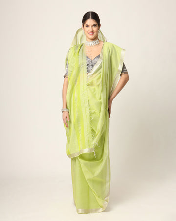 Lime Yellow Maheshwari Handloom Silk cotton Silver Jari Border