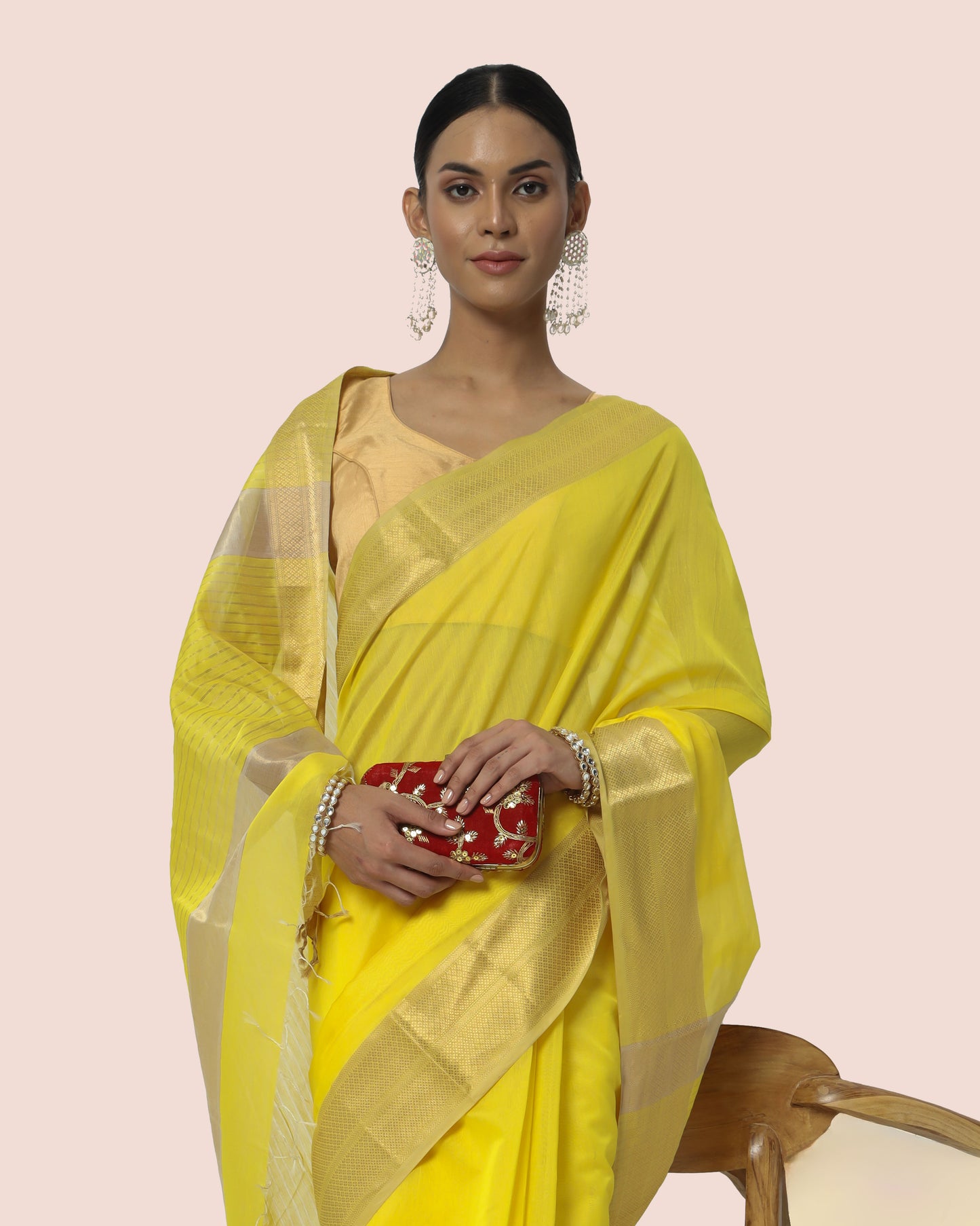 Ethnic Yellow Maheshwari Silk Cotton With Jari