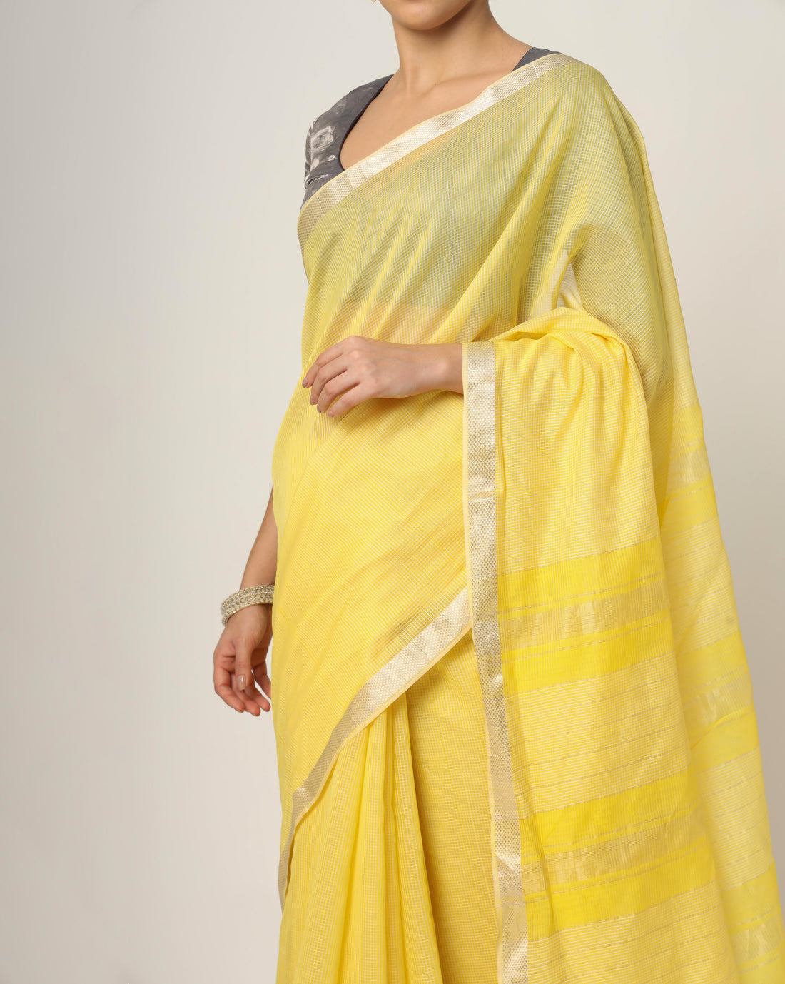 Yellow Small Check Maheshwari Handwoven with Silver Jari