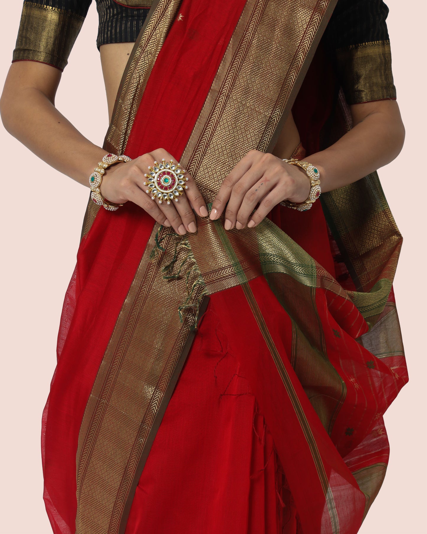 Rosso Red With Gold Jari Maheshwari Saree