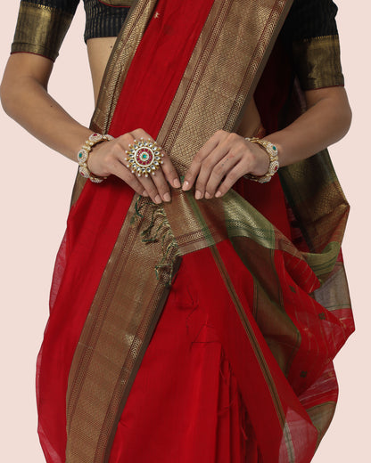 Rust Red with Gold Jari Butti Maheshwari Saree