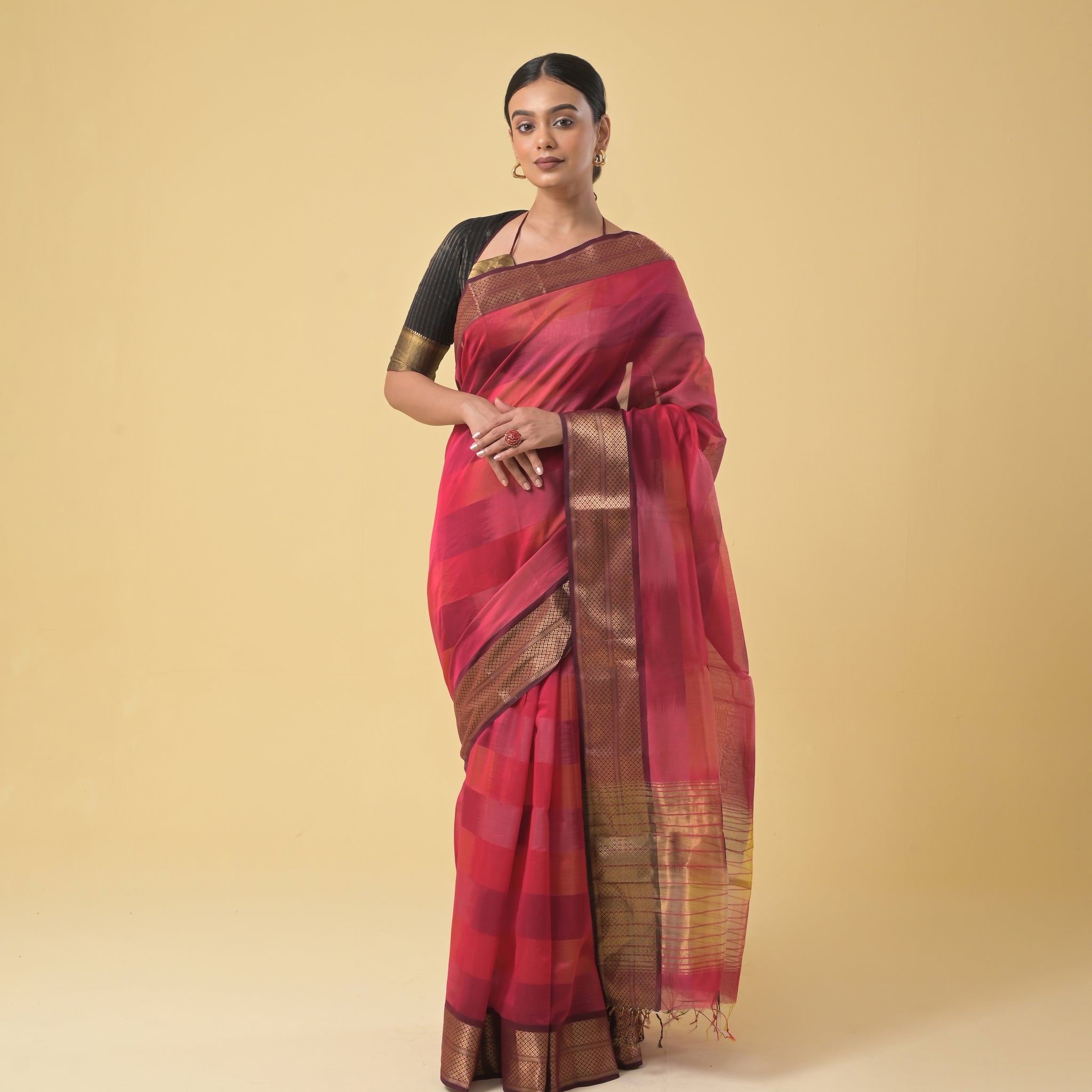 Dark Pink Tie and Dye Maheshwari Handwoven Silk Cotton Saree