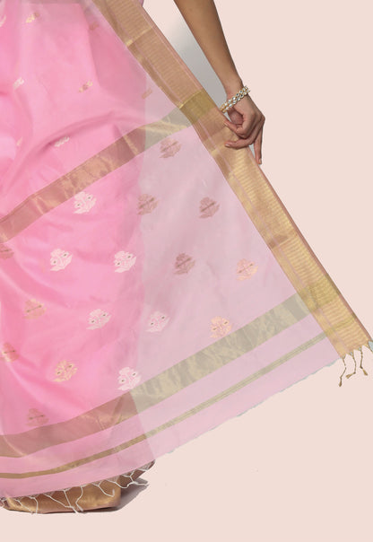 Light Pink Maheshwari Handwoven saree with gold jari butta's