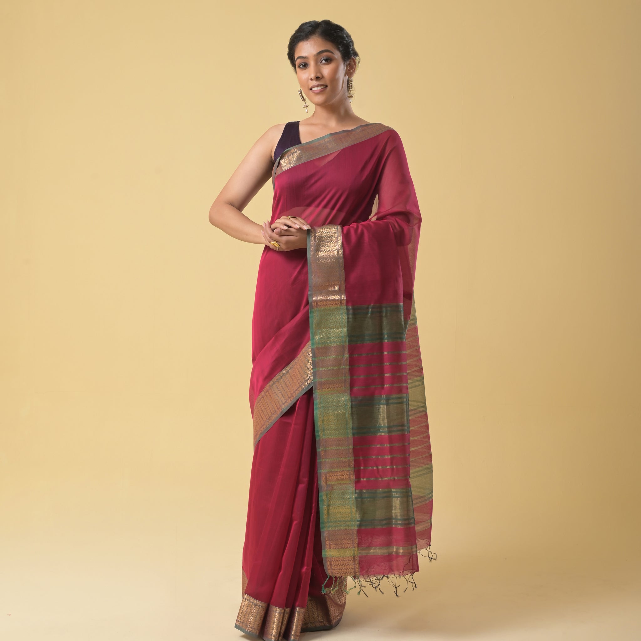 Rust Red Maheshwari Handwoven Silk Cotton Saree