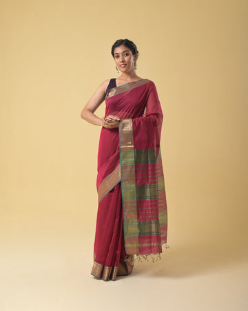 Rust Red Maheshwari Handwoven Silk Cotton Saree