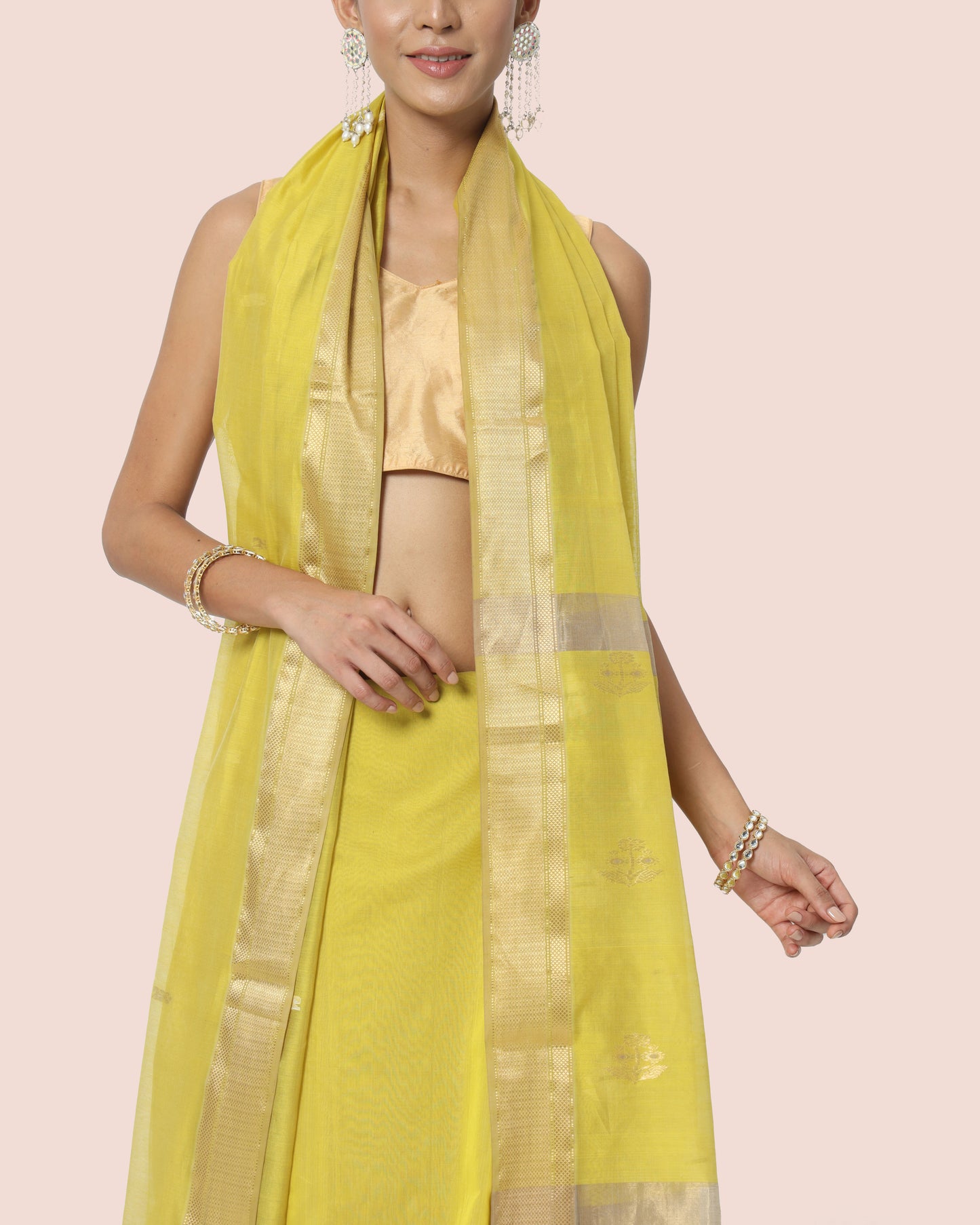 Yellow Lime Gold Jari Butta's Maheshwari Saree