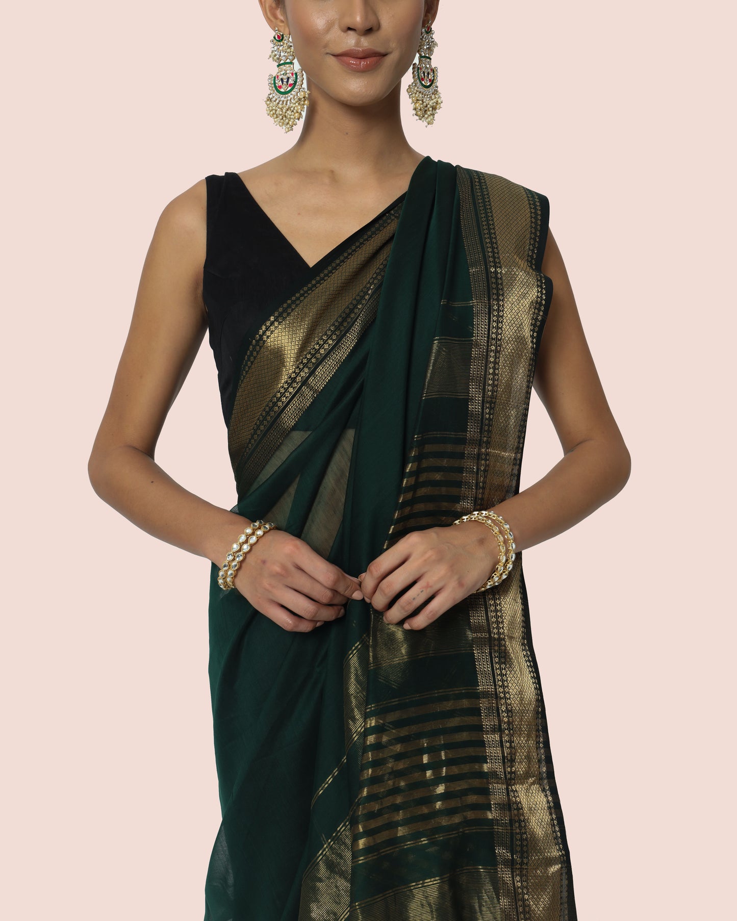 Dark Green Maheshwari Handloom Silk cotton with jari