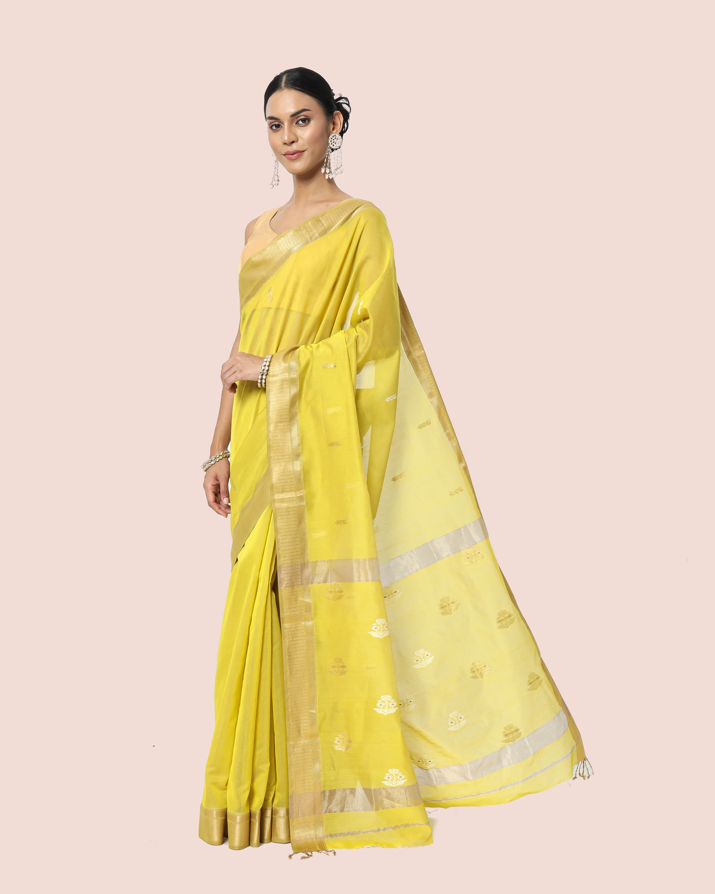 Yellow Lime Gold Jari Butta's Maheshwari Saree