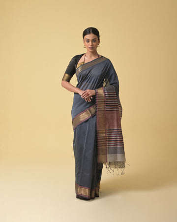 Grey Maheshwari Handwoven Silk Cotton Saree