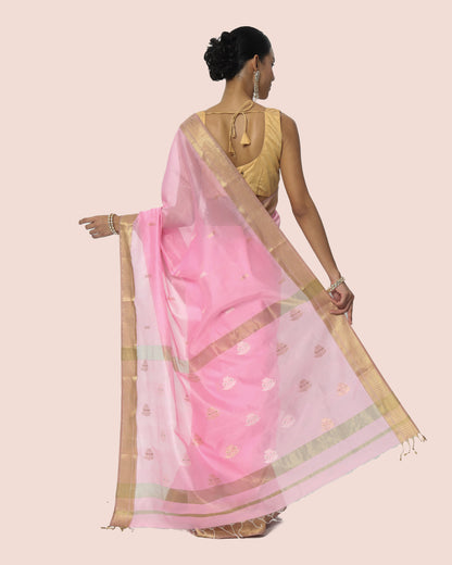 Light Pink Maheshwari Handwoven saree with gold jari butta's