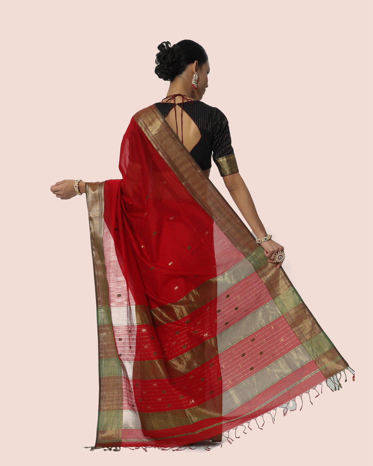 Rosso Red With Gold Jari Maheshwari Saree