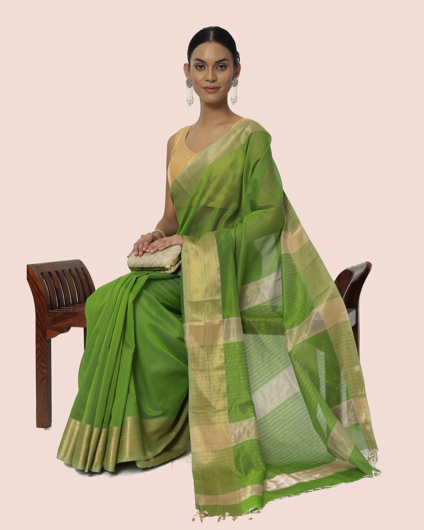 Mint Green Maheshwari Handwoven with Gold Jari Border