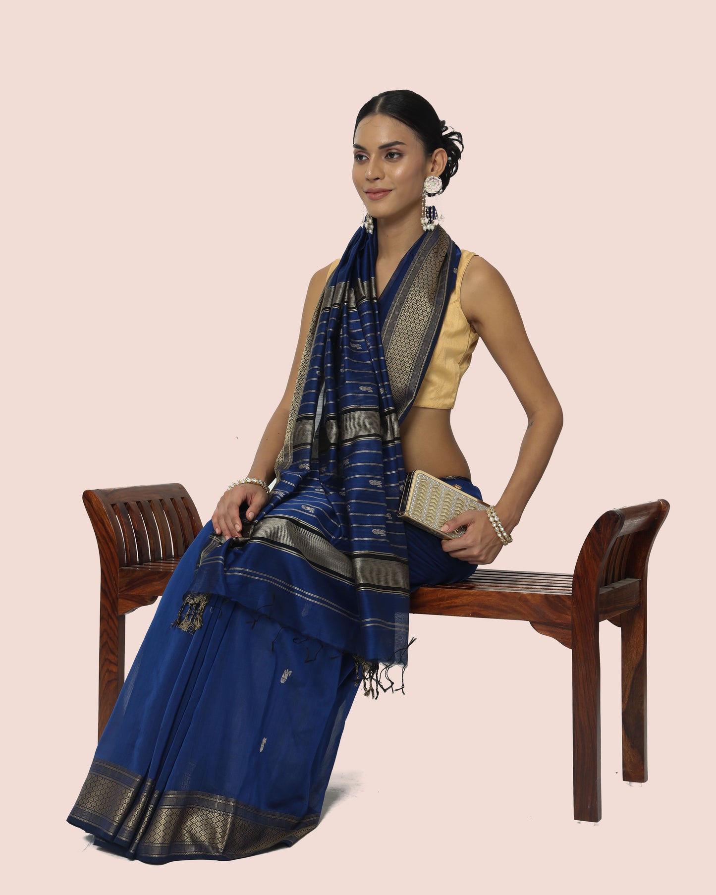 Navy Blue Maheshwari Handwoven silk cotton with silk border