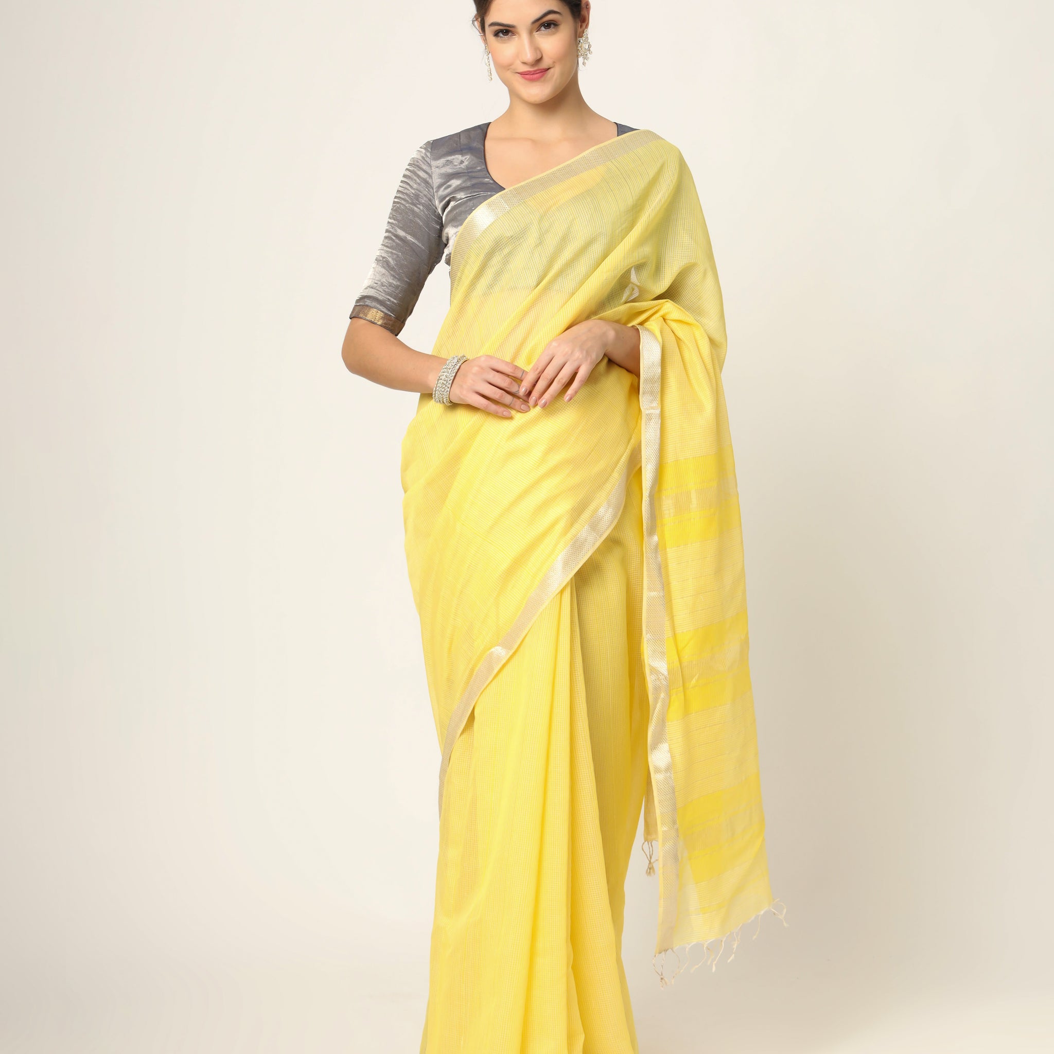 Yellow Small Check Maheshwari Handwoven with Silver Jari