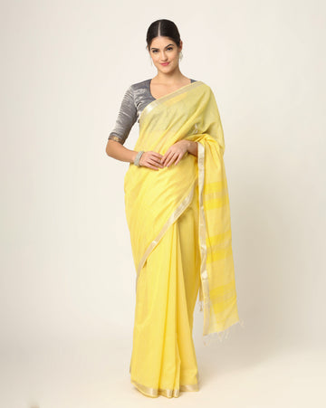 Yellow Small Check Maheshwari Handwoven with Silver Jari