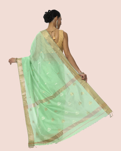 Pastel Green Maheshwari silk cotton with jari Butti Pallu