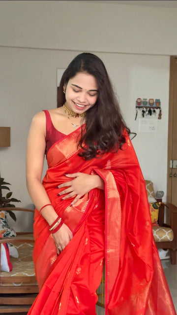 Orange Lotus Maheshwari Handwoven Jari Butti Pallu Saree