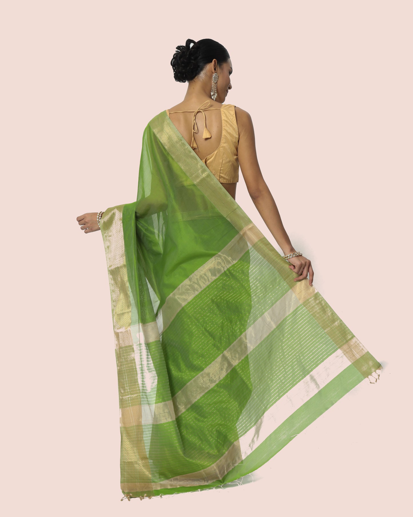 Mint Green Maheshwari Handwoven with Gold Jari Border