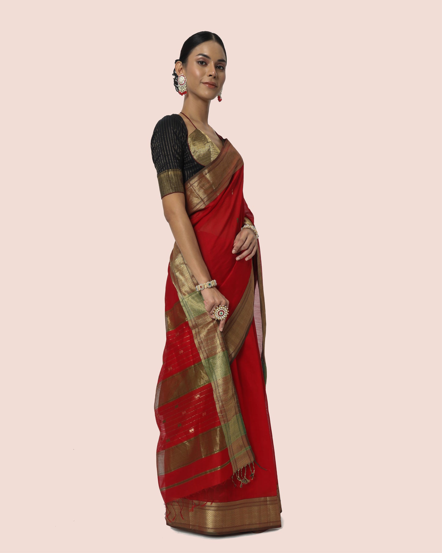 Rosso Red With Gold Jari Maheshwari Saree