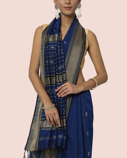 Navy Blue Maheshwari Handwoven silk cotton with silk border