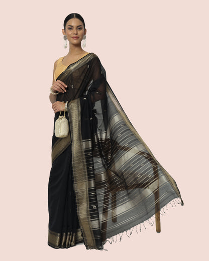 Black Maheshwari Handloom silk cotton butti pallu saree