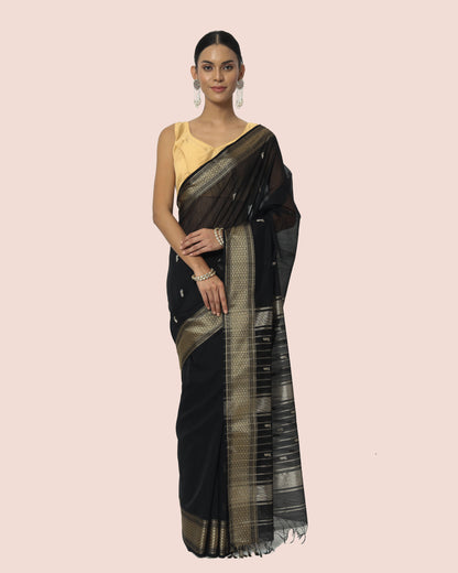 Black Maheshwari Handloom silk cotton butti pallu saree