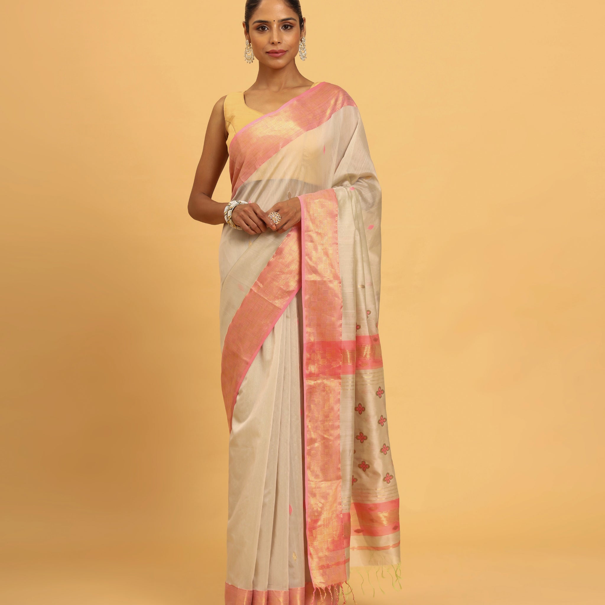 Beige Cream Maheshwari Handwoven Meena Butti Saree