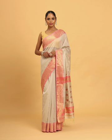 Beige Cream Maheshwari Handwoven Meena Butti Saree