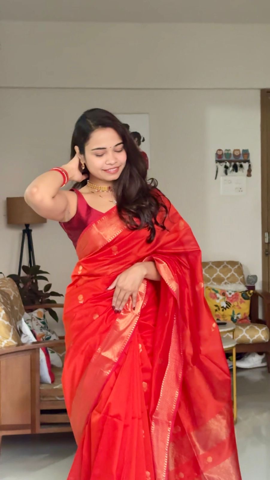 Orange Lotus Maheshwari Handwoven Jari Butti Pallu Saree