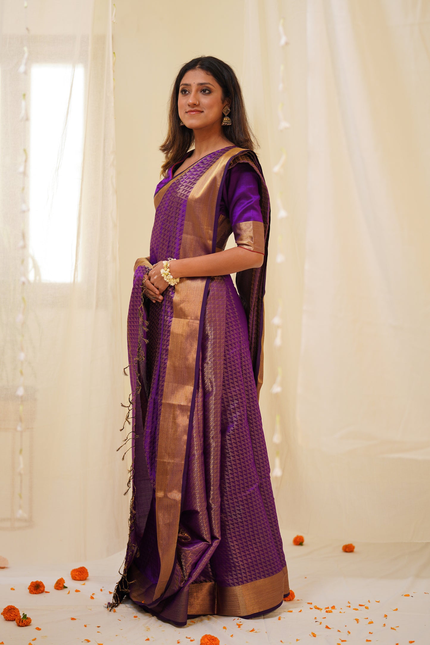 Purple Pure Silk Maheshwari Saree with Zari Pattern All Over Saree