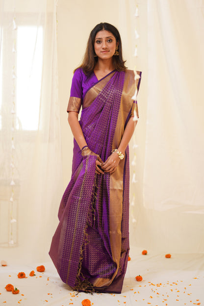 Purple Pure Silk Maheshwari Saree with Zari Pattern All Over Saree