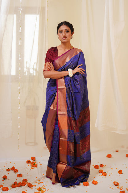 Dual Tone Blue Pure Silk Maheshwari Saree Zari Pattern All Over