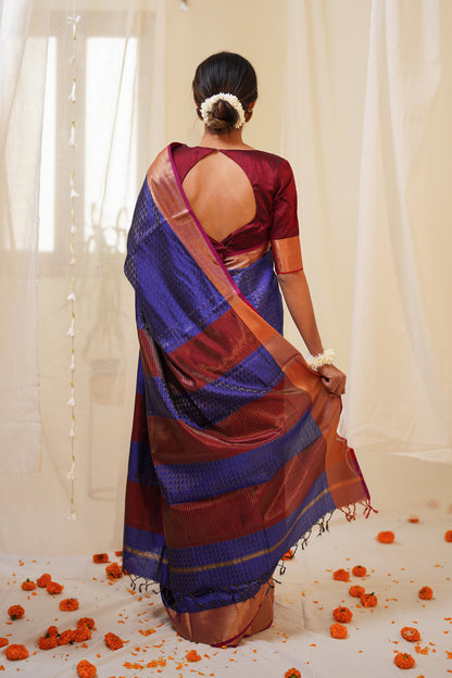 Dual Tone Blue Pure Silk Maheshwari Saree Zari Pattern All Over