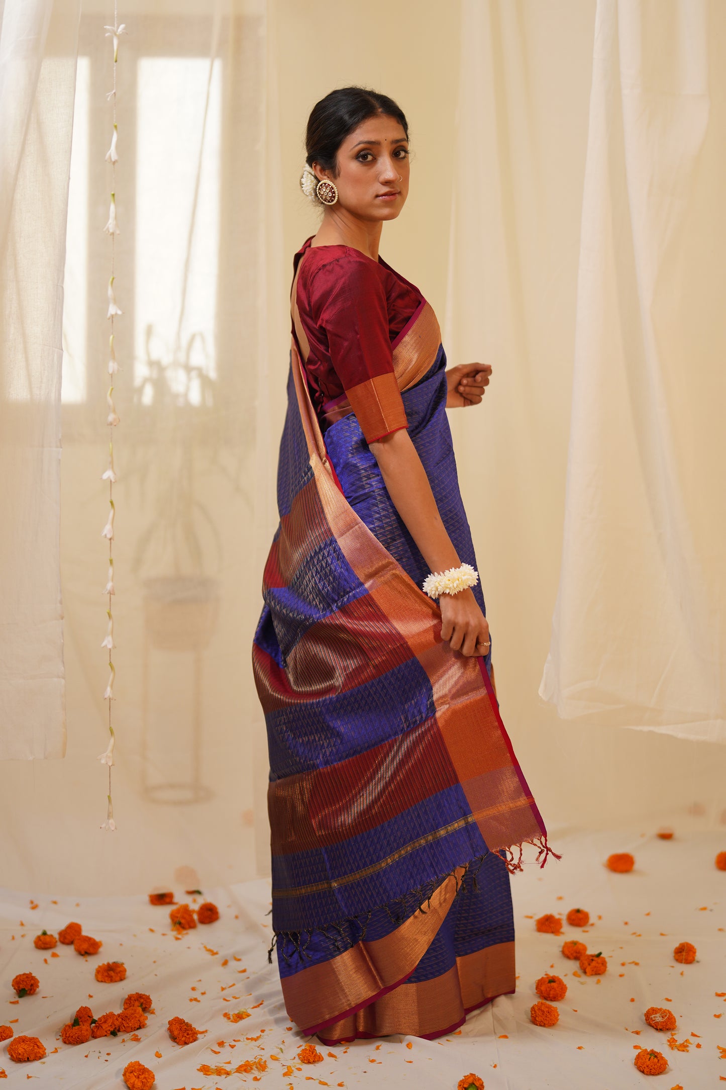 Dual Tone Blue Pure Silk Maheshwari Saree Zari Pattern All Over