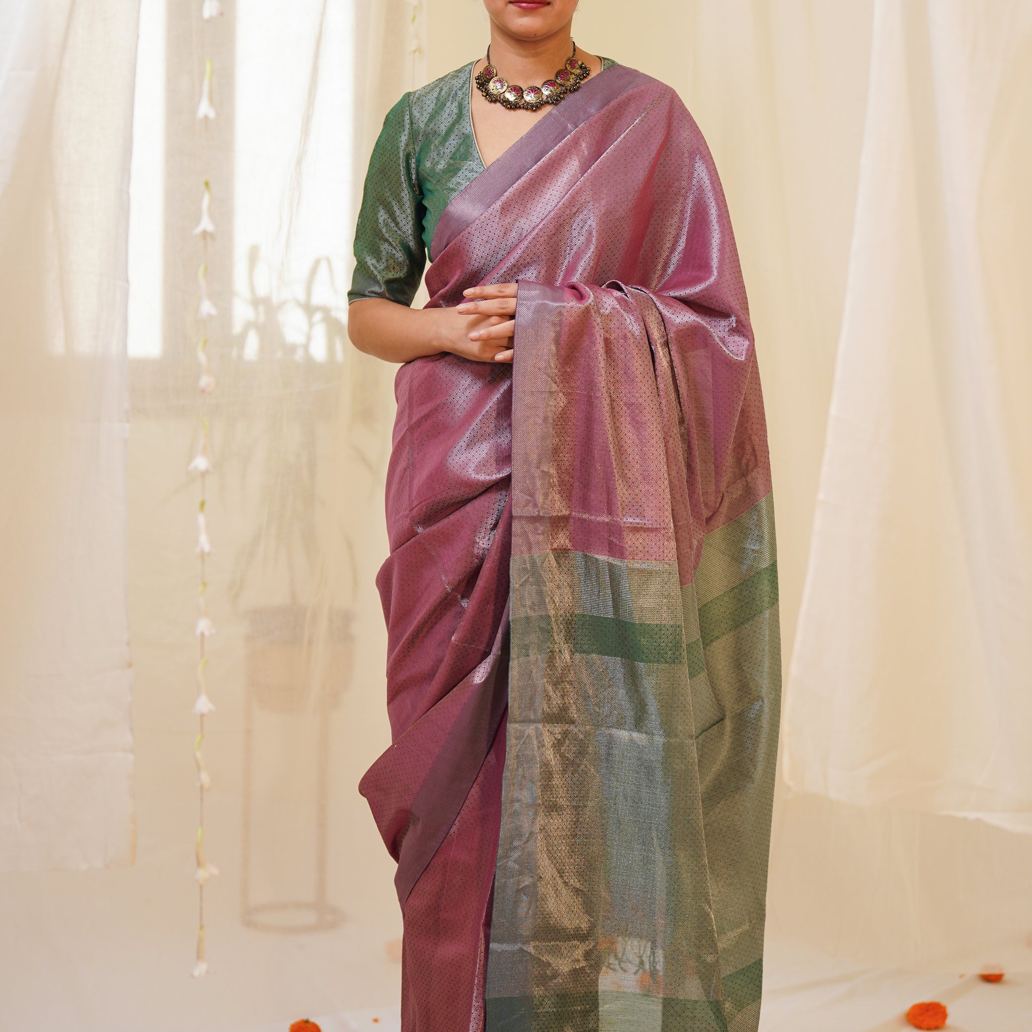 Dual Tone Chambary Red and Silver Pure Tissue Silk Maheshwari Saree with Green Palla and Border