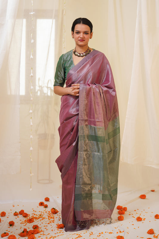 Dual Tone Chambary Red and Silver Pure Tissue Silk Maheshwari Saree with Green Palla and Border