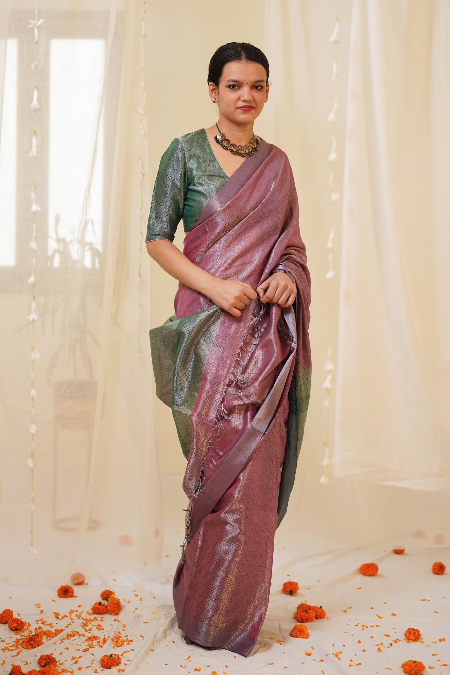 Dual Tone Chambary Red and Silver Pure Tissue Silk Maheshwari Saree with Green Palla and Border