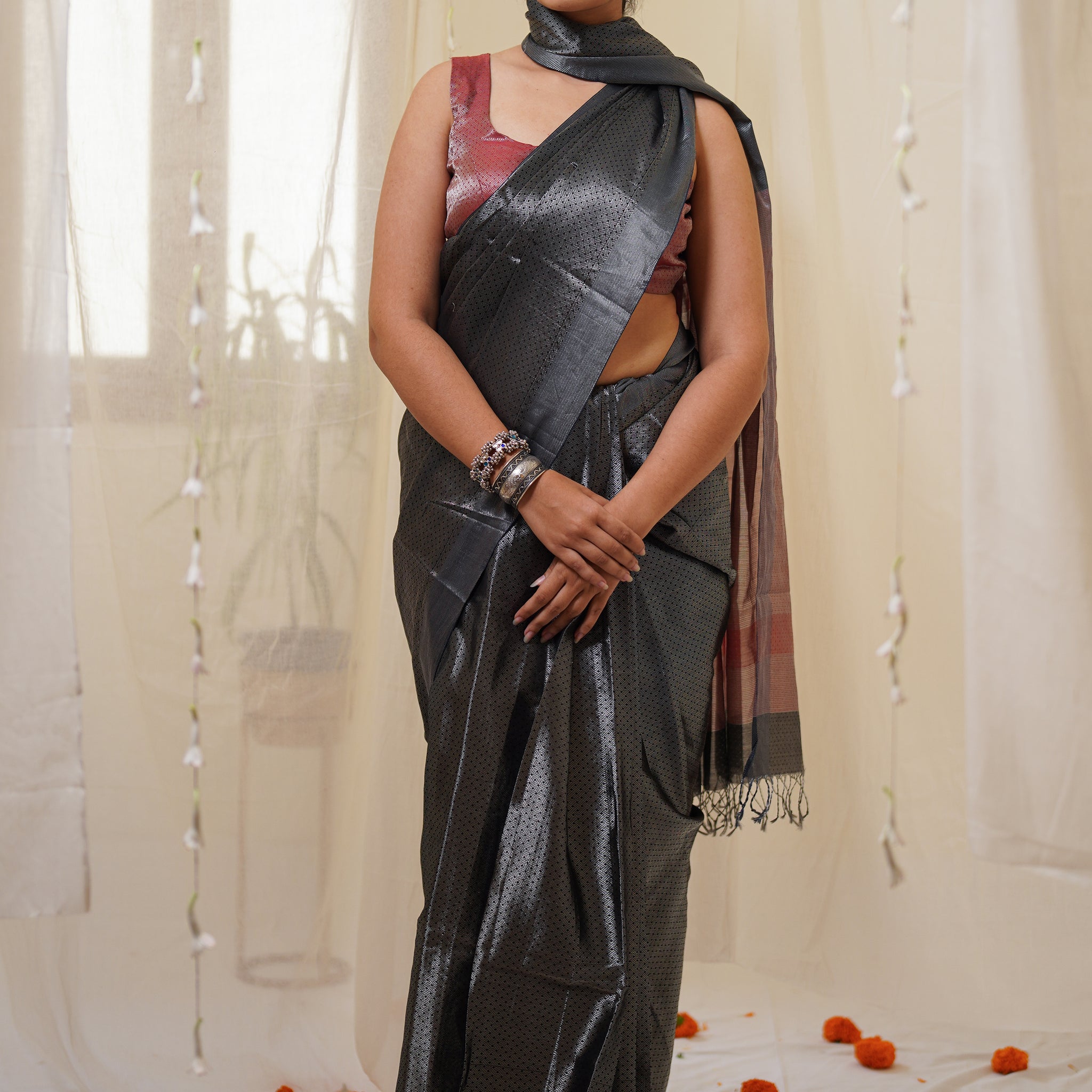 Dual Tone Chambary Black and Silver Zari Pattern All Over Tissue Maheshwari Silk