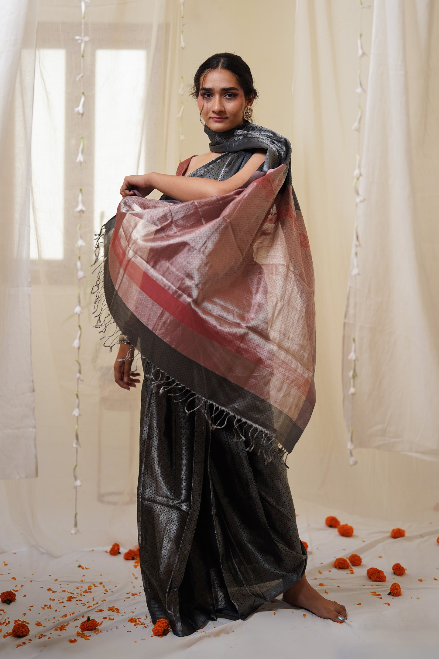 Dual Tone Chambary Black and Silver Zari Pattern All Over Tissue Maheshwari Silk