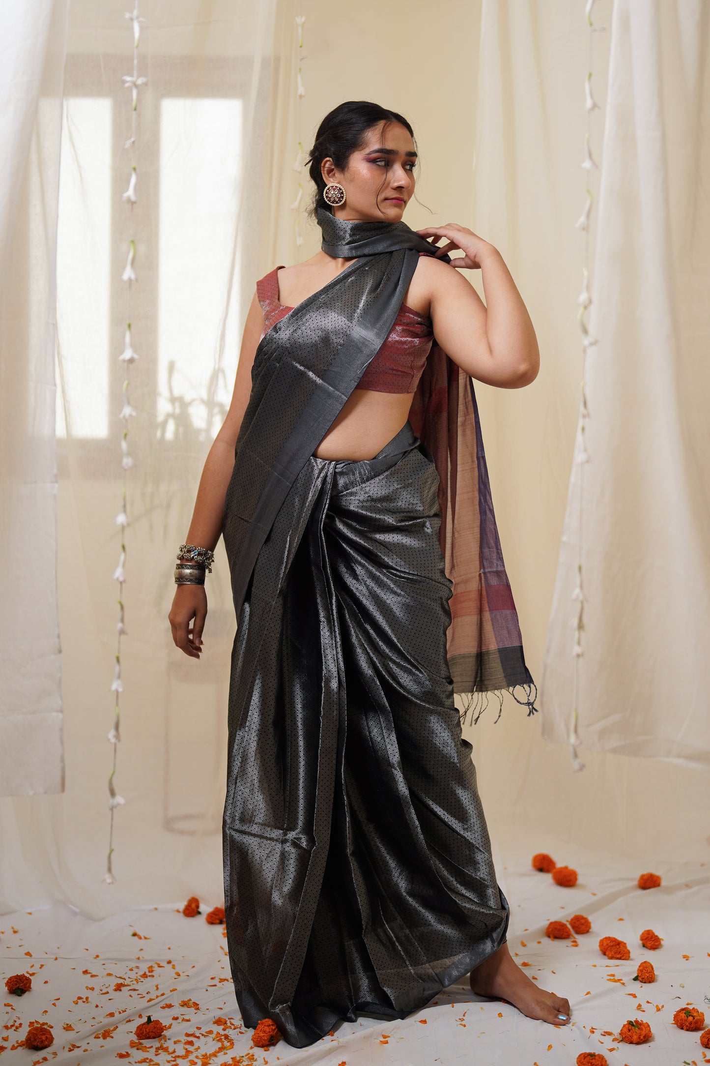 Dual Tone Chambary Black and Silver Zari Pattern All Over Tissue Maheshwari Silk